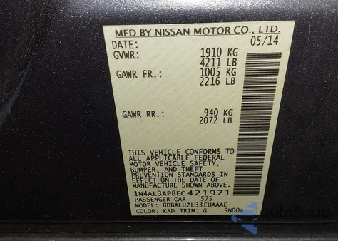 2014 Nissan Altima 2.5 Sv z USA, uszkodzony, nr VIN 1N4AL3AP8EC421971